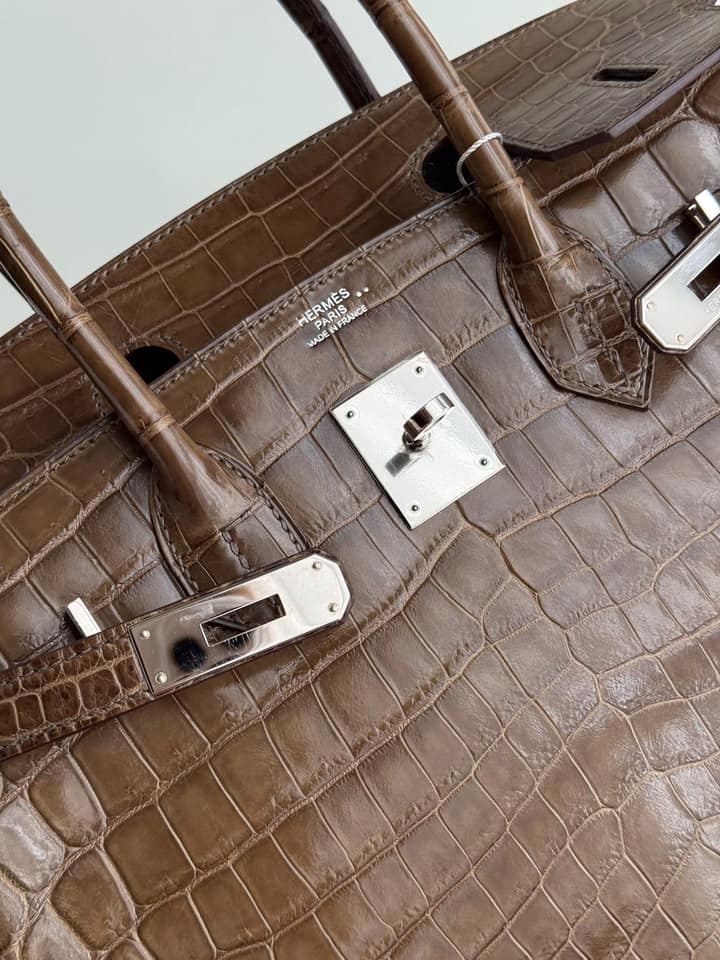 二手原始成色煙草色銀扣亮面鱷魚Birkin30