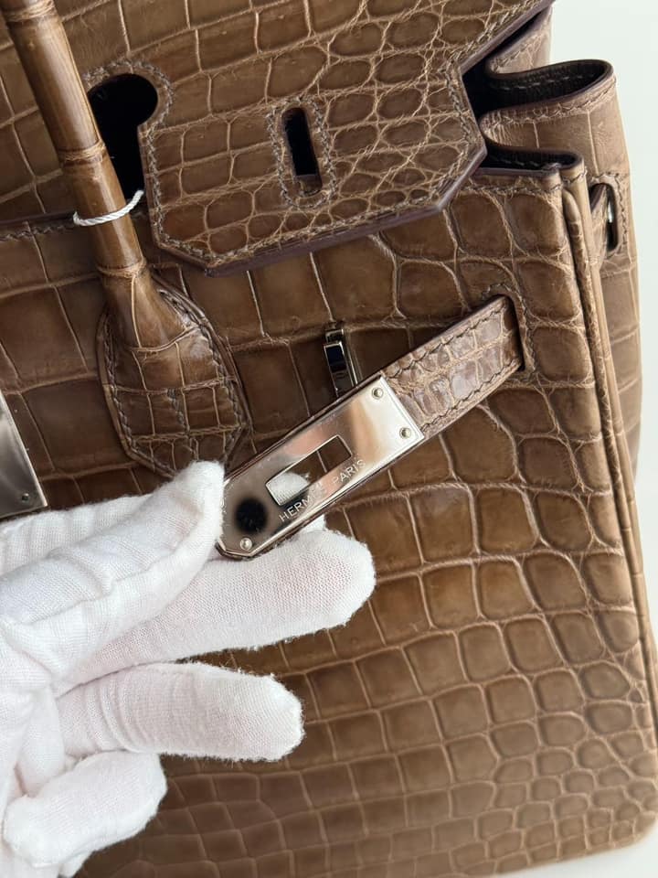 二手原始成色煙草色銀扣亮面鱷魚Birkin30