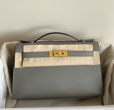二手原始成色 99 新積雨雲灰金扣 Kelly Pochette