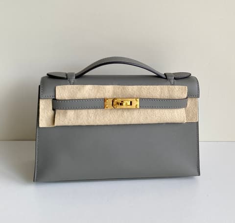二手原始成色 99 新積雨雲灰金扣 Kelly Pochette